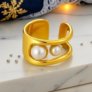 18K Gold Plated Stainless Steel Open Trendy Ring Faux Pearls Adjustable 7 to 9
